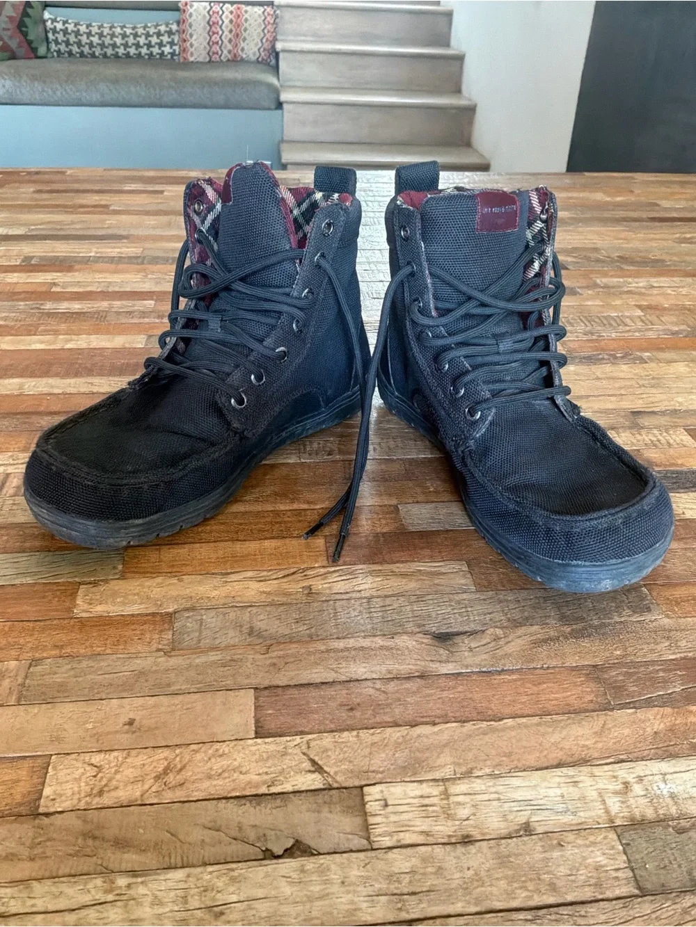 Canvas High-Top Boots in Black with Red Plaid Lining